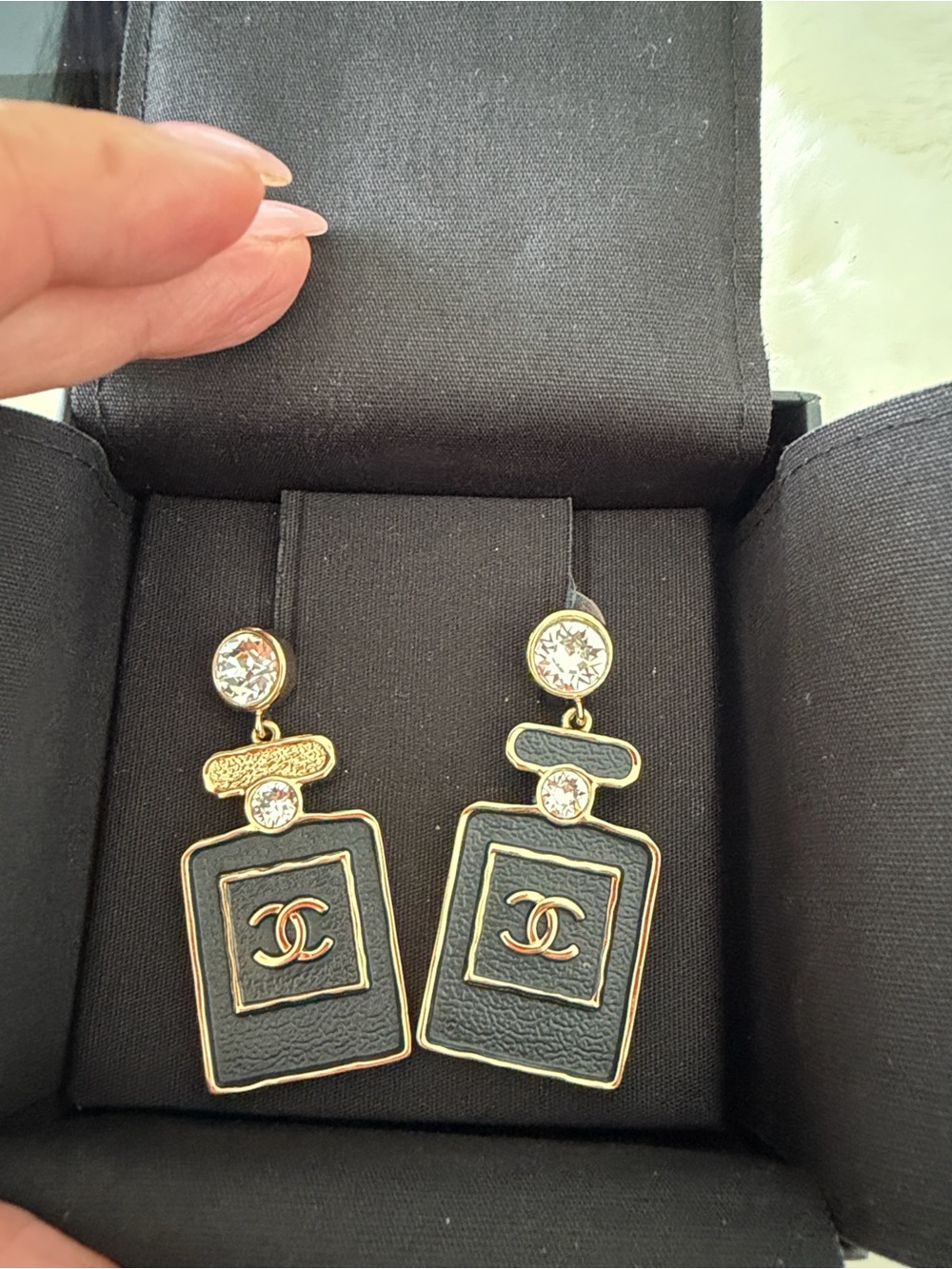 CHANEL Black & Gold Perfume Bottle Drop Earrings with Crystal Accents - Picture 7 of 8